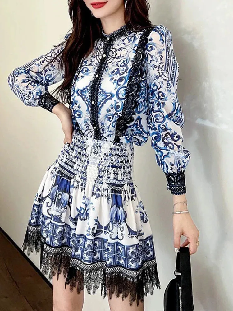 Retro Printed Single-Breasted Shirt Jacket & High Pocket Skirt 2 Pcs