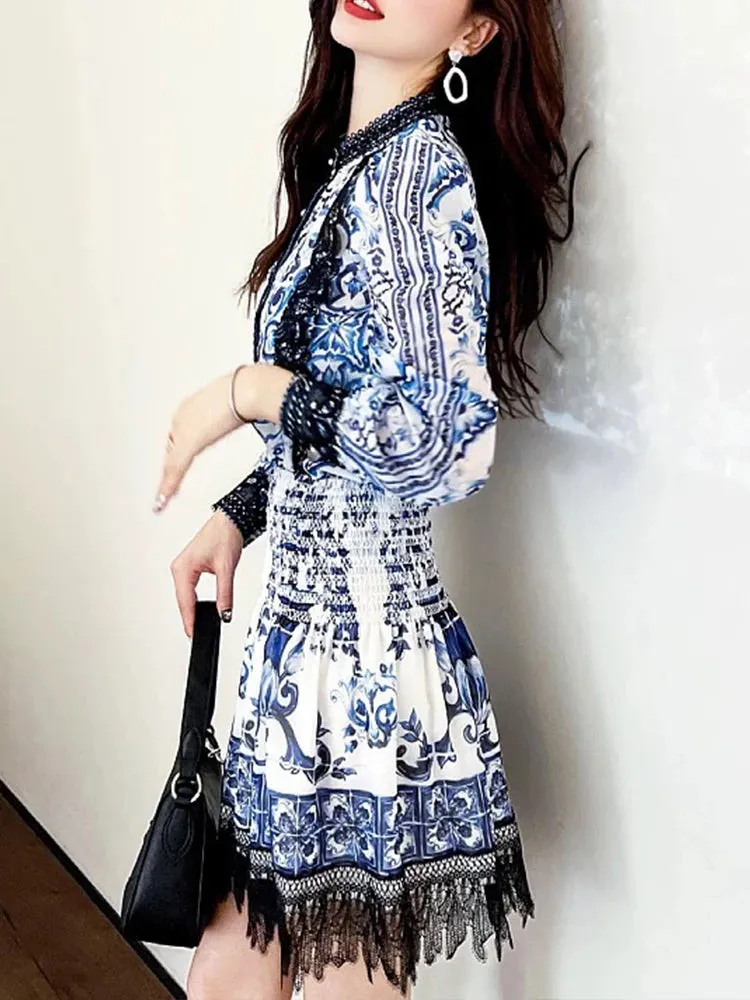 Retro Printed Single-Breasted Shirt Jacket & High Pocket Skirt 2 Pcs