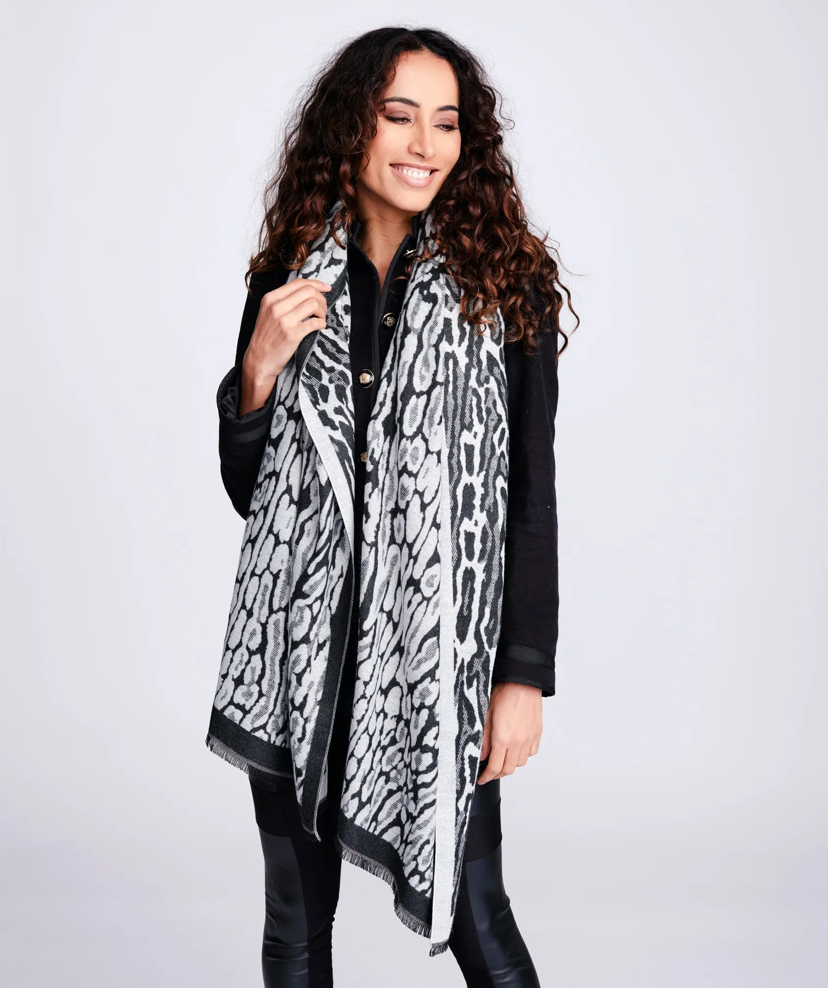 Reversible Black Grey Animal Print Winter Scarf