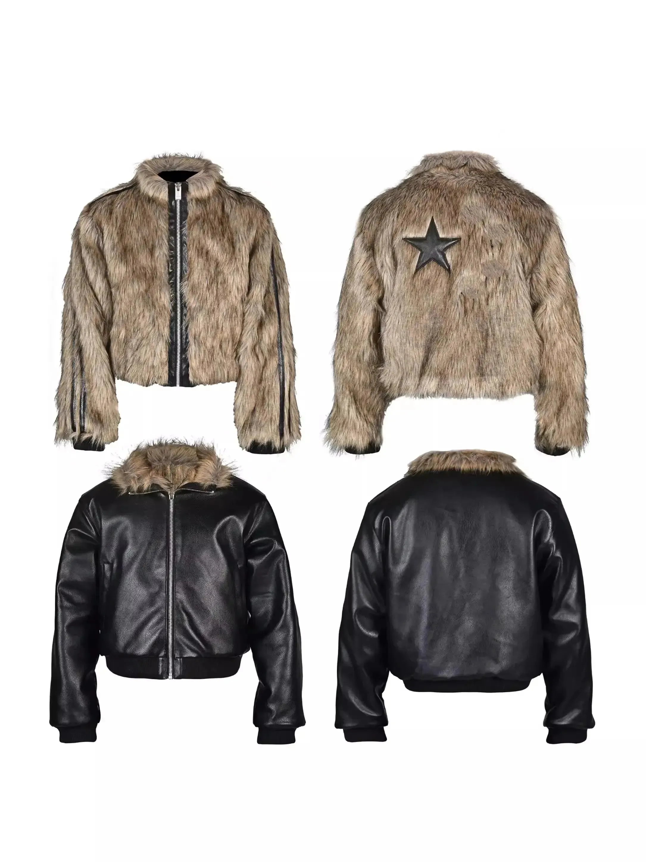 Reversible Striped Faux Fur Leather Jacket