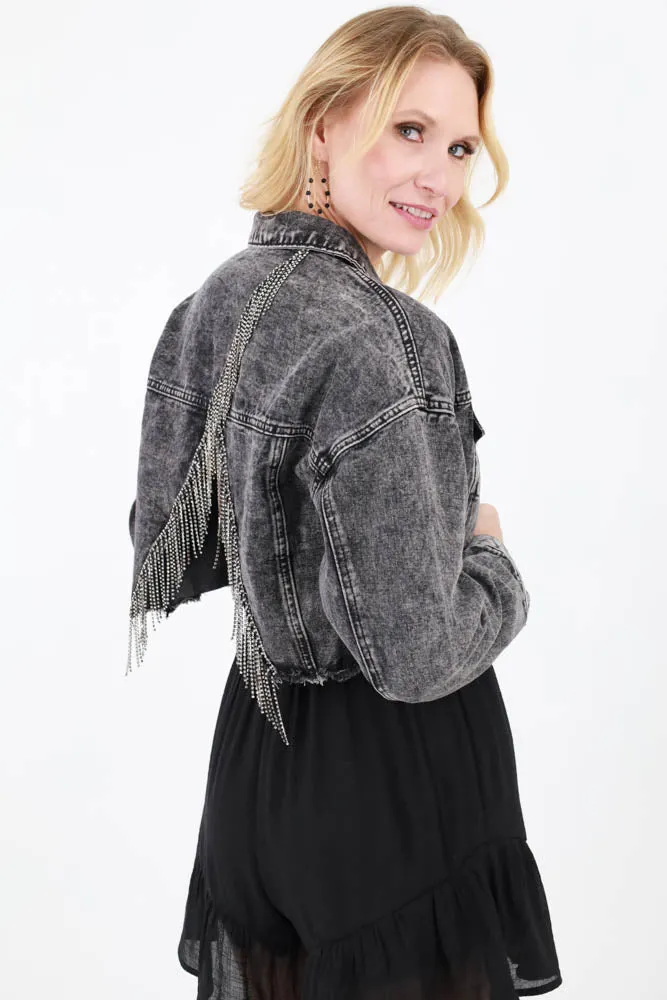 Rhinestone Fringe Denim Jacket - Black