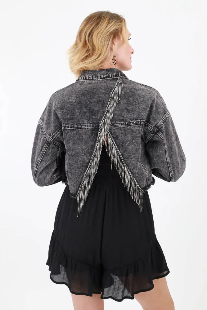Rhinestone Fringe Denim Jacket - Black