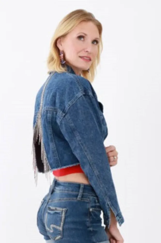 Rhinestone Fringe Denim Jacket - Blue