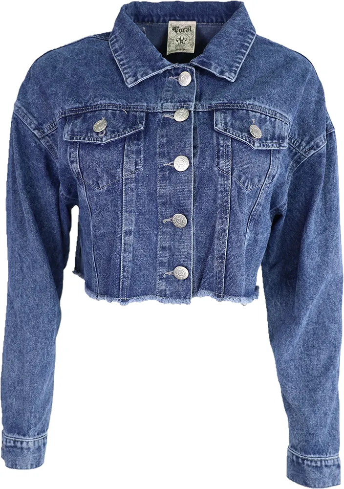 Rhinestone Fringe Denim Jacket - Blue