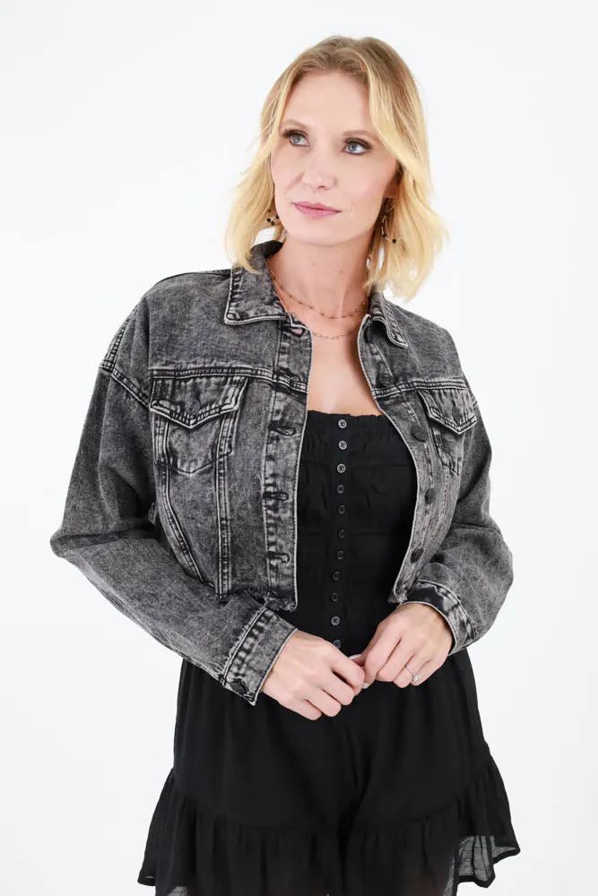 Rhinestone Fringe Denim Jacket - Blue
