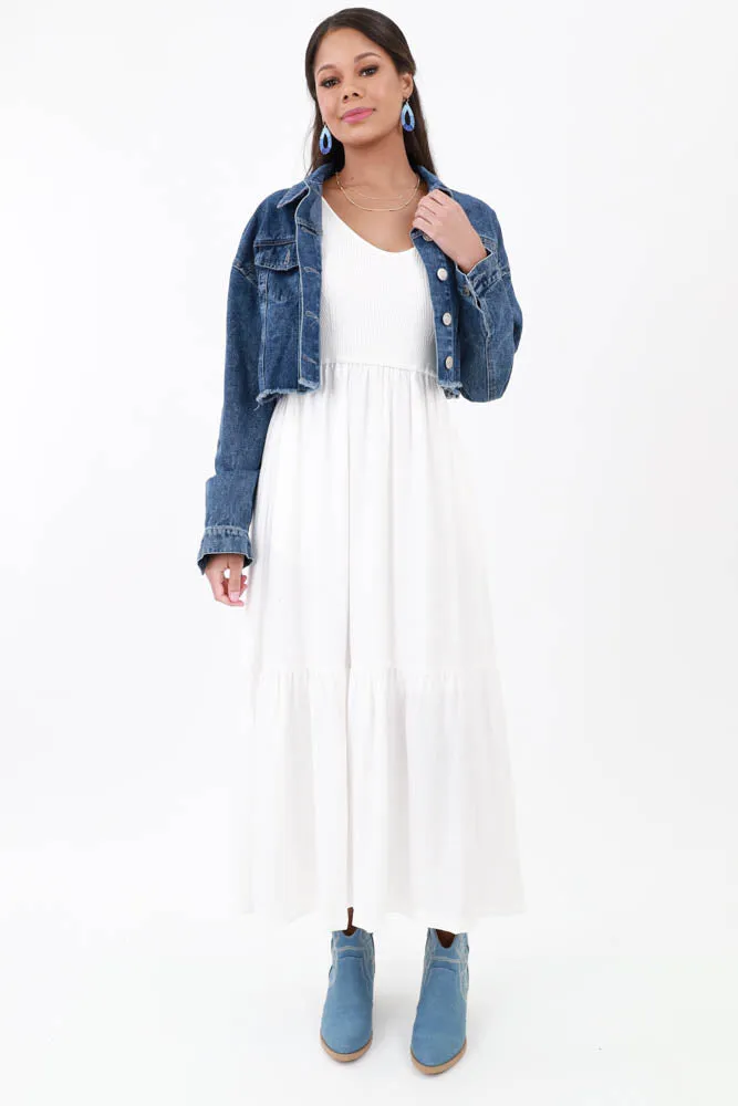 Rhinestone Fringe Denim Jacket - Blue