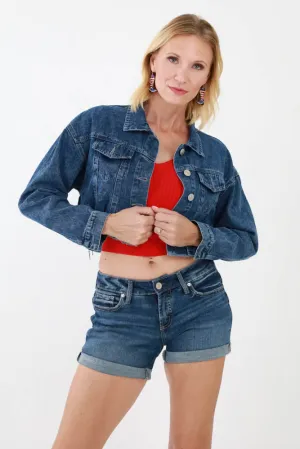 Rhinestone Fringe Denim Jacket - Blue