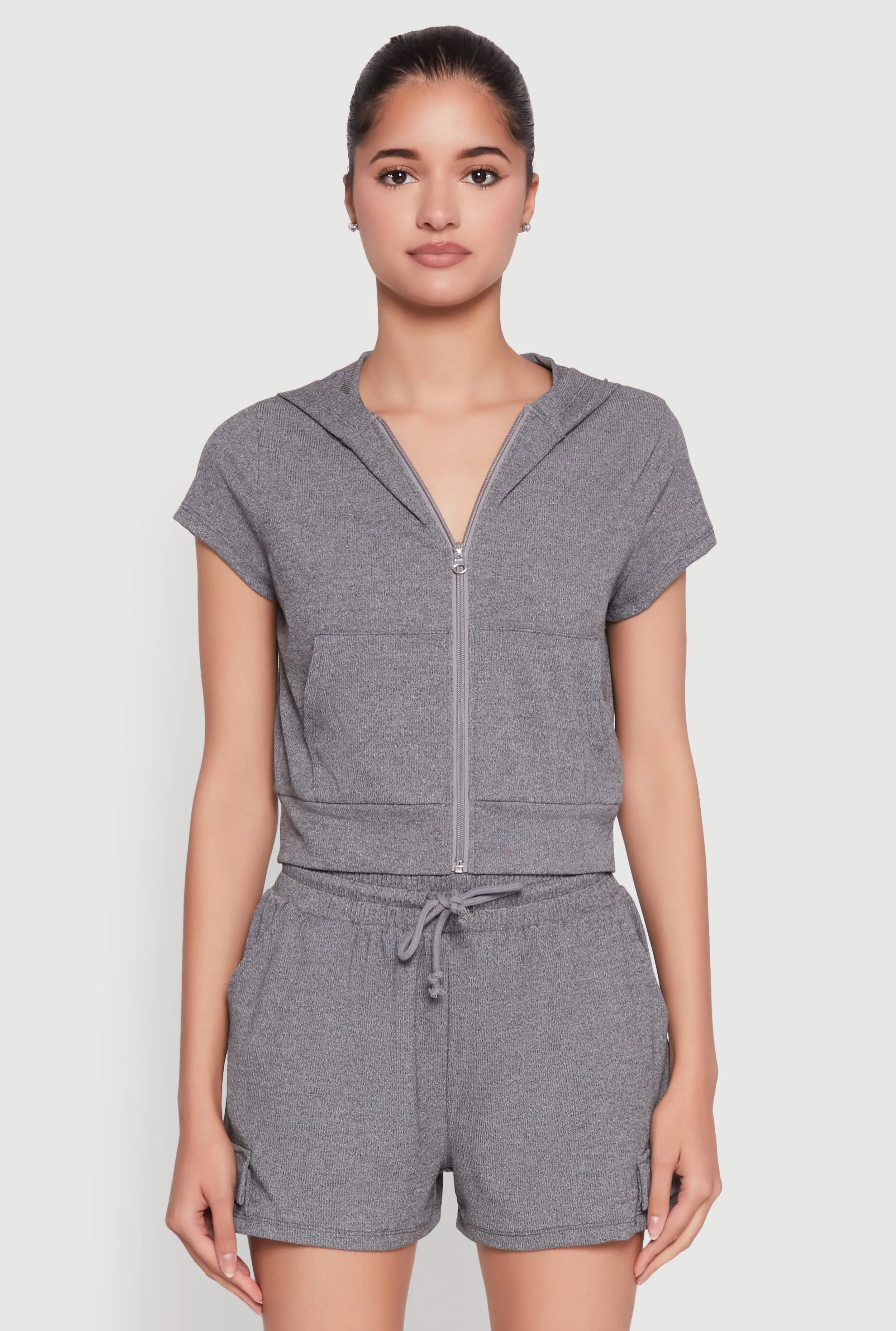 Ribbed Knit Short Sleeve Zip Front Hoodie