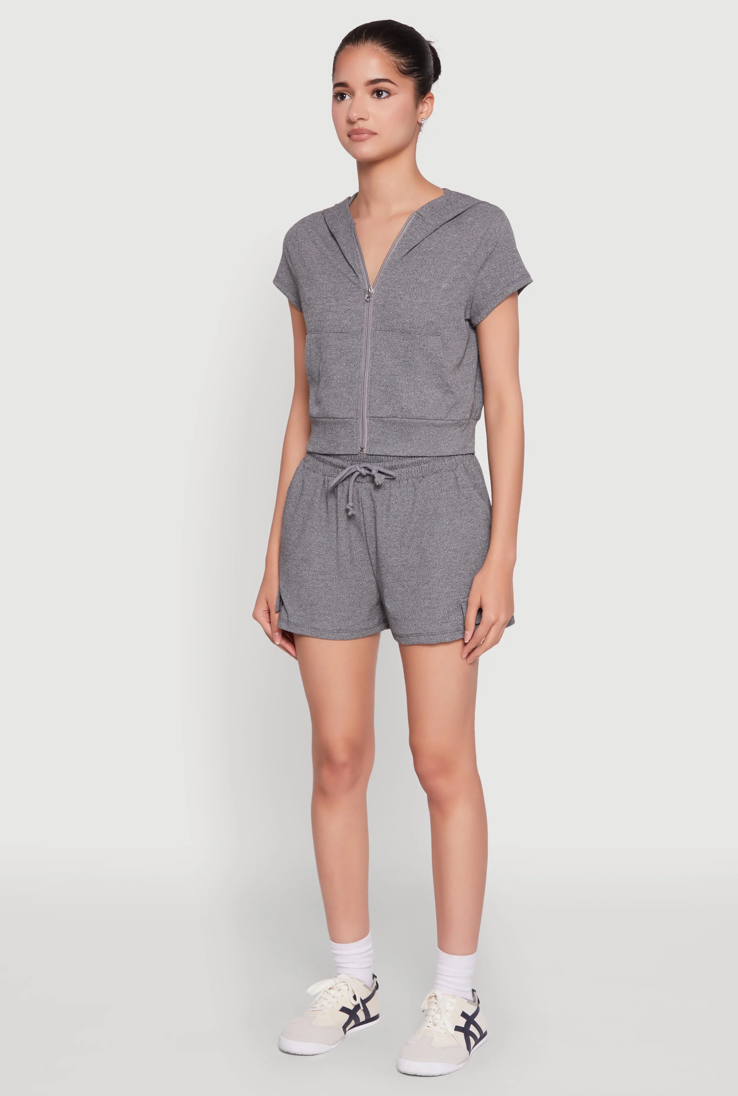 Ribbed Knit Short Sleeve Zip Front Hoodie
