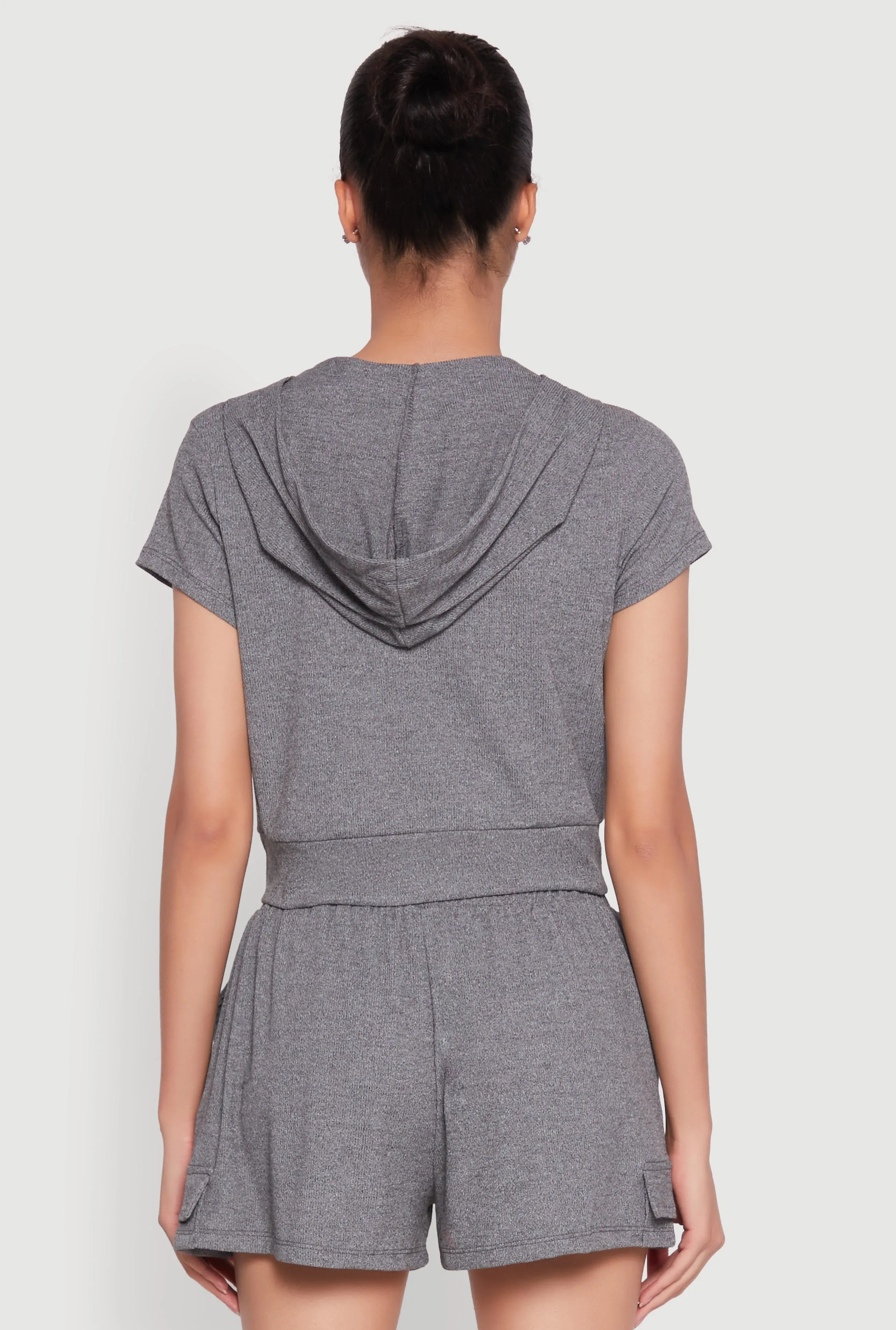 Ribbed Knit Short Sleeve Zip Front Hoodie