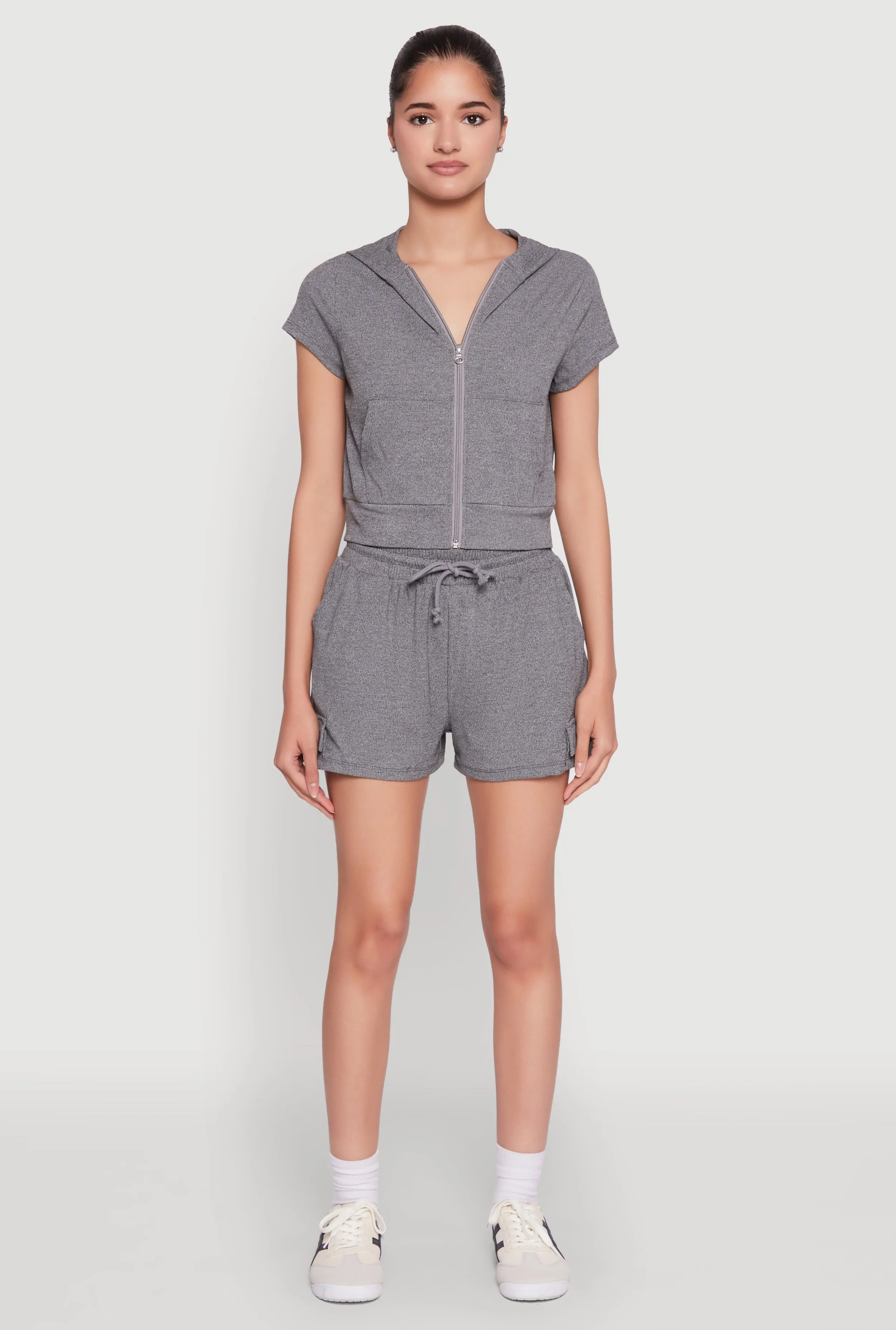 Ribbed Knit Short Sleeve Zip Front Hoodie