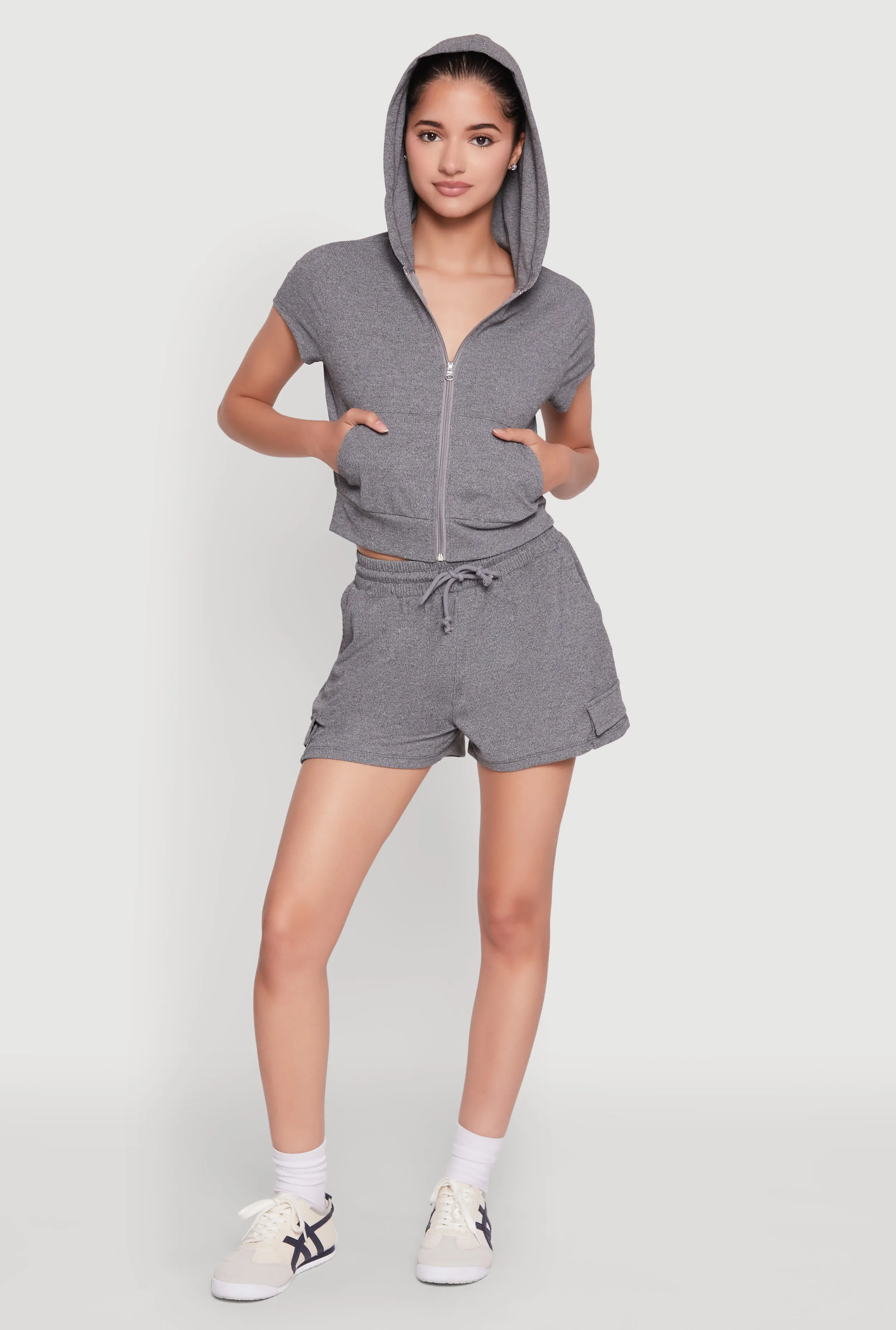 Ribbed Knit Short Sleeve Zip Front Hoodie