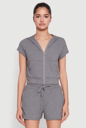 Ribbed Knit Short Sleeve Zip Front Hoodie