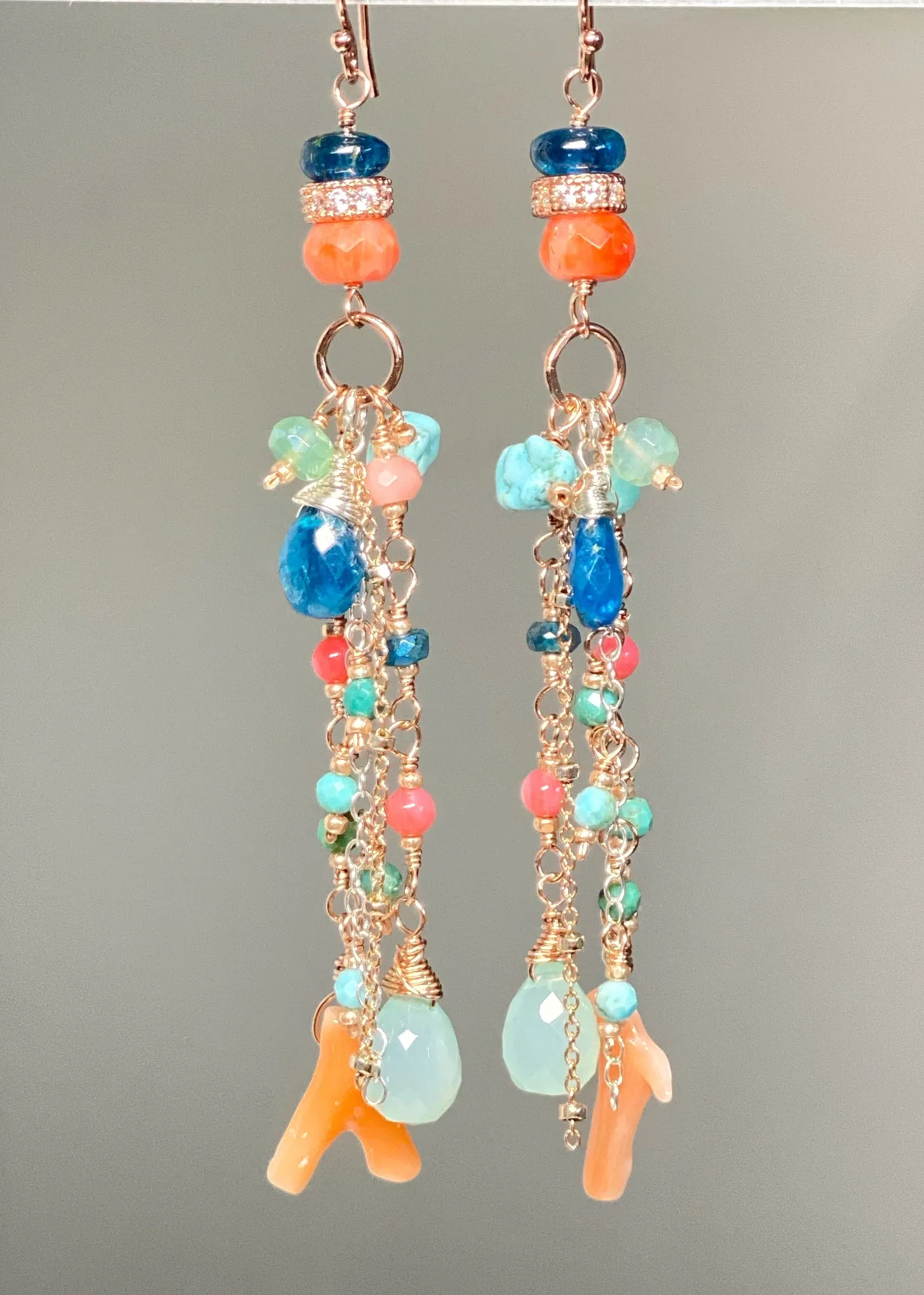 Rose Gold Gemstone Long Boho Dangle Earrings in Turquoise, Coral, Apatite, Aqua