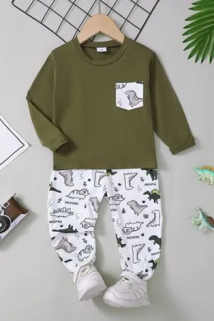 Round Neck Long Sleeve Top and Printed Pants Set