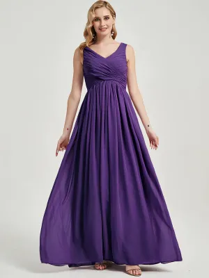 Royal Purple Empire Sleeveless Pleated Chiffon Maxi Bridesmaid Dress