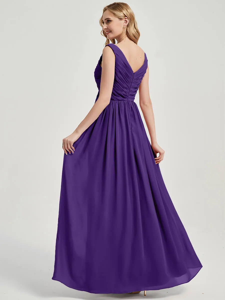 Royal Purple Empire Sleeveless Pleated Chiffon Maxi Bridesmaid Dress