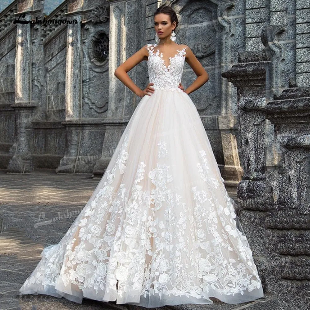 Roycebridal Gorgeous Tulle A-Line Wedding Dresses Illusion Boat Neck Low Open Back Cap Short Sleeve Chapel Train Bride Gowns Appliques Bead