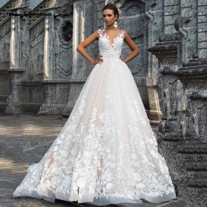 Roycebridal Gorgeous Tulle A-Line Wedding Dresses Illusion Boat Neck Low Open Back Cap Short Sleeve Chapel Train Bride Gowns Appliques Bead