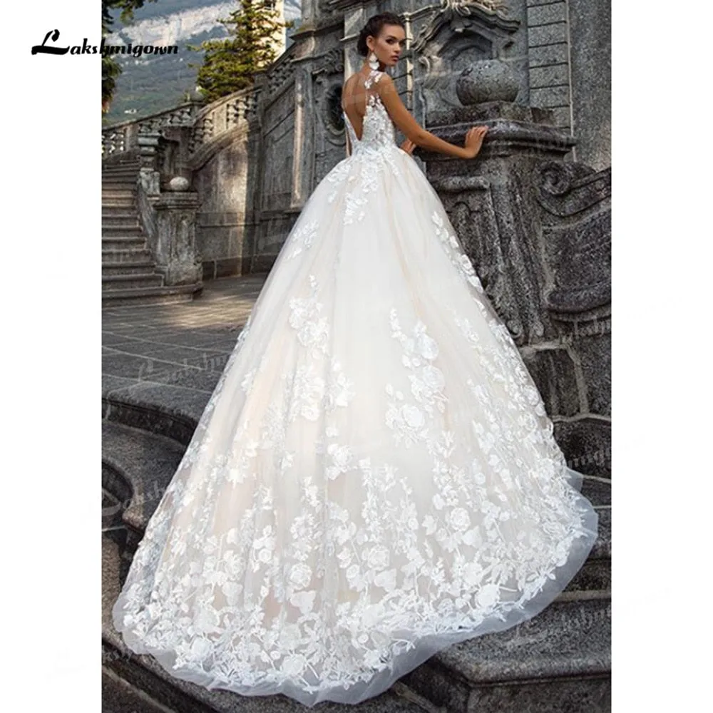 Roycebridal Gorgeous Tulle A-Line Wedding Dresses Illusion Boat Neck Low Open Back Cap Short Sleeve Chapel Train Bride Gowns Appliques Bead