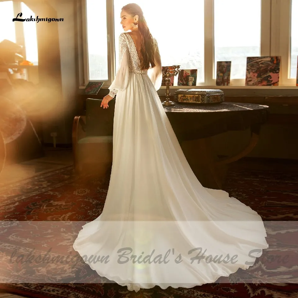 Roycebridal Lakshmigown Puffy Long Sleeve Dress Women Boho Wedding Dresses 2021 Vestido Sexy Bridal Wedding Gown V-Neck Backless Lace Bodice