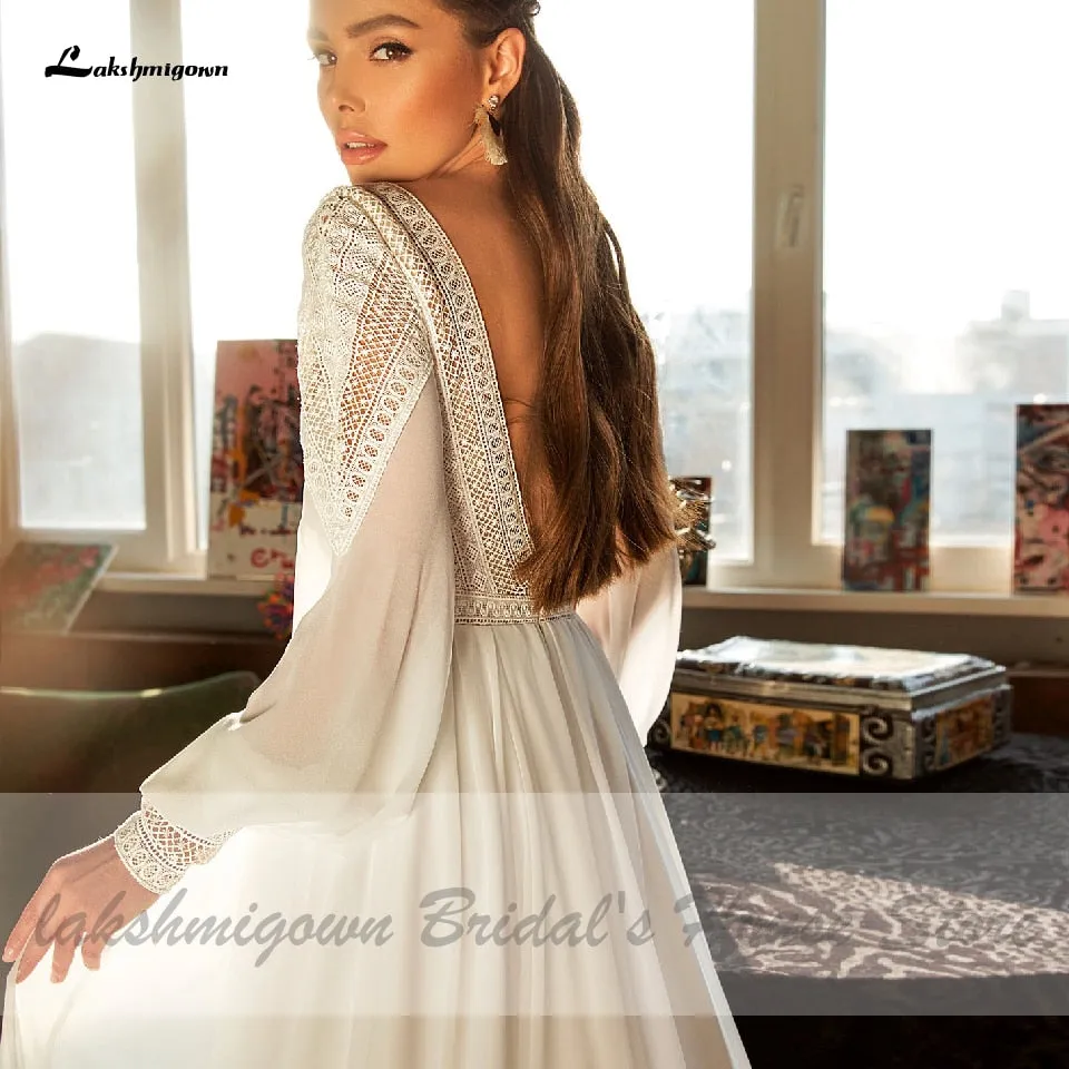 Roycebridal Lakshmigown Puffy Long Sleeve Dress Women Boho Wedding Dresses 2021 Vestido Sexy Bridal Wedding Gown V-Neck Backless Lace Bodice