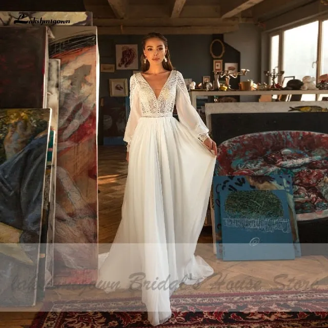 Roycebridal Lakshmigown Puffy Long Sleeve Dress Women Boho Wedding Dresses 2021 Vestido Sexy Bridal Wedding Gown V-Neck Backless Lace Bodice
