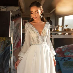 Roycebridal Lakshmigown Puffy Long Sleeve Dress Women Boho Wedding Dresses 2021 Vestido Sexy Bridal Wedding Gown V-Neck Backless Lace Bodice