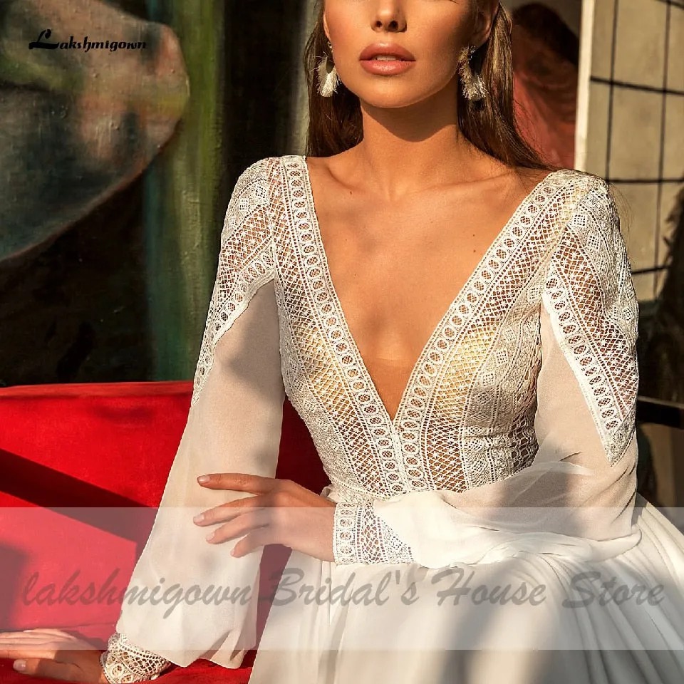 Roycebridal Lakshmigown Puffy Long Sleeve Dress Women Boho Wedding Dresses 2021 Vestido Sexy Bridal Wedding Gown V-Neck Backless Lace Bodice