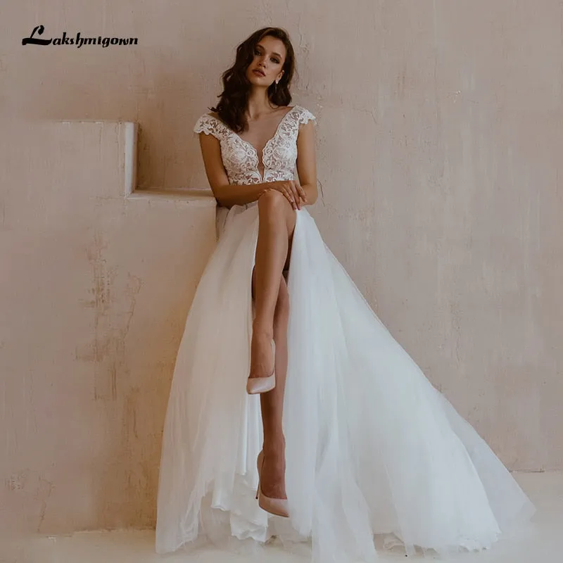 Roycebridal Lakshmigown Sexy Boho Wedding Dresses with High Slit vestido de novia V Neck Lace Appliques Bridal Gown Robe De Mariee