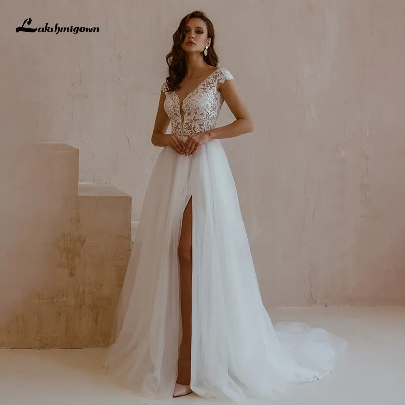 Roycebridal Lakshmigown Sexy Boho Wedding Dresses with High Slit vestido de novia V Neck Lace Appliques Bridal Gown Robe De Mariee