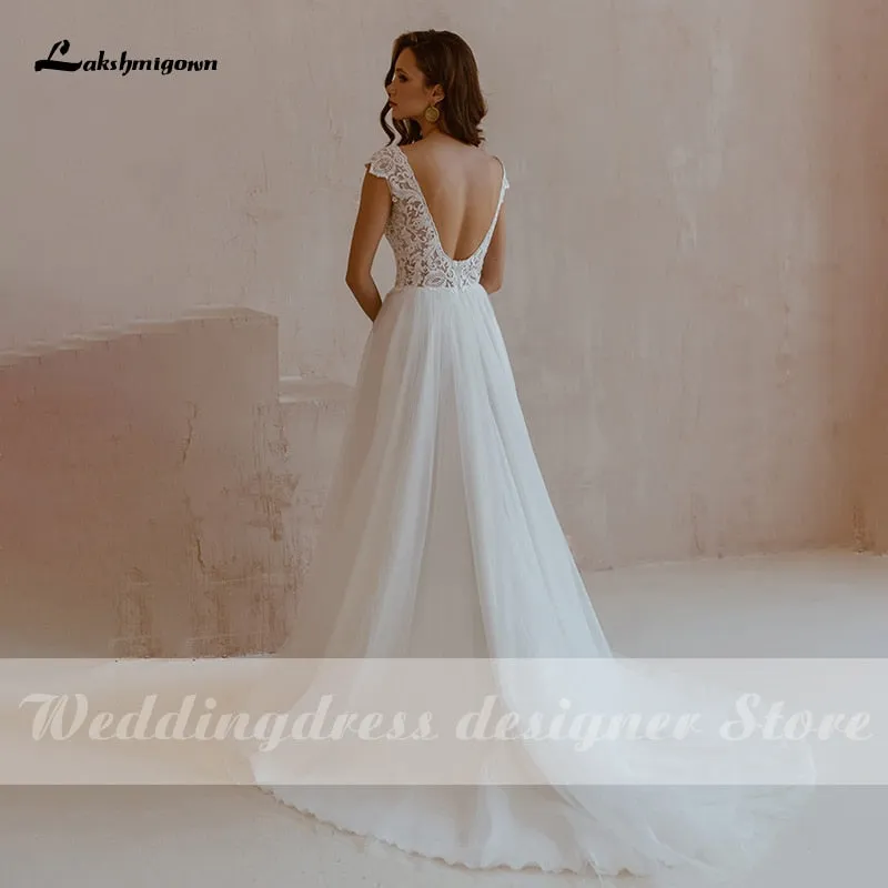 Roycebridal Lakshmigown Sexy Boho Wedding Dresses with High Slit vestido de novia V Neck Lace Appliques Bridal Gown Robe De Mariee