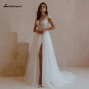 Roycebridal Lakshmigown Sexy Boho Wedding Dresses with High Slit vestido de novia V Neck Lace Appliques Bridal Gown Robe De Mariee