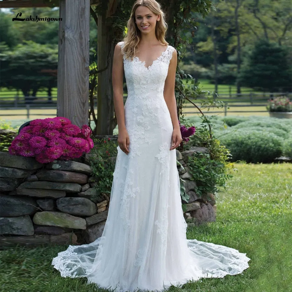 Roycebridal Lakshmigown Vintage Lace Little Mermaid Wedding Dress 2021 Sheer Illusion Sexy Bridal Dress Vestidos Largos Country Wedding Gown
