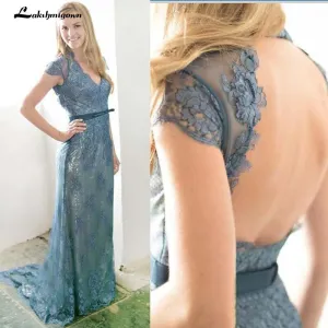 Roycebridal Sexy Key Hole Back Lace Evening Dresses Dusty Blue