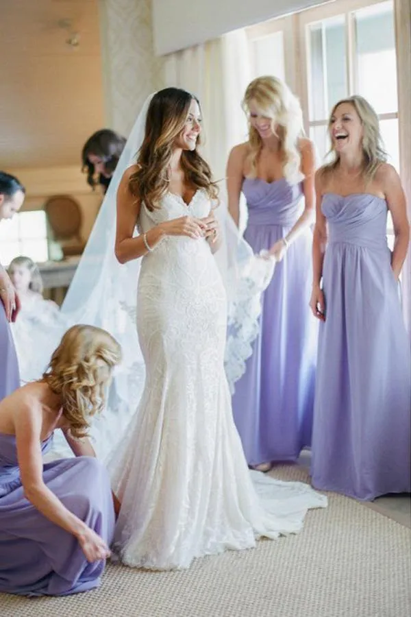 Roycebridal Sheath Lavender Chiffon Bridesmaid Dresses Sweetheart Backless With Ruched