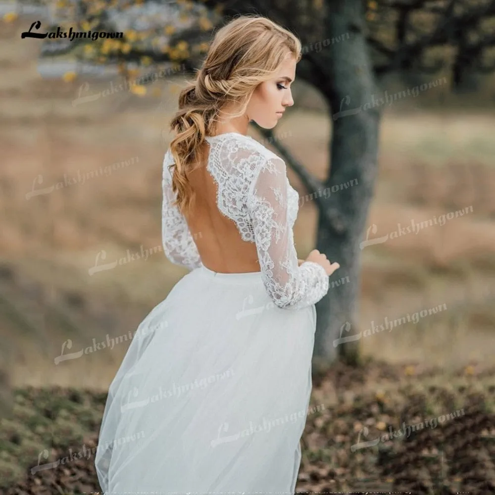Roycebridal Two Piece Tulle A-Line Boho Wedding Dresses O-Neck Long Sleeve Sexy Open Back Sweep/Brush Train Bride Gowns Appliques Pleat Lace