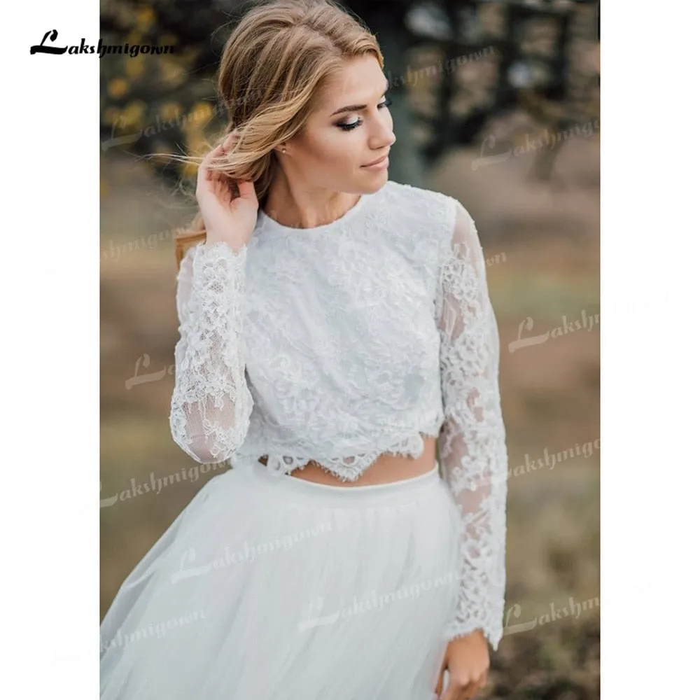 Roycebridal Two Piece Tulle A-Line Boho Wedding Dresses O-Neck Long Sleeve Sexy Open Back Sweep/Brush Train Bride Gowns Appliques Pleat Lace