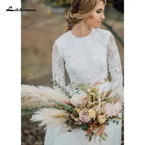 Roycebridal Two Piece Tulle A-Line Boho Wedding Dresses O-Neck Long Sleeve Sexy Open Back Sweep/Brush Train Bride Gowns Appliques Pleat Lace