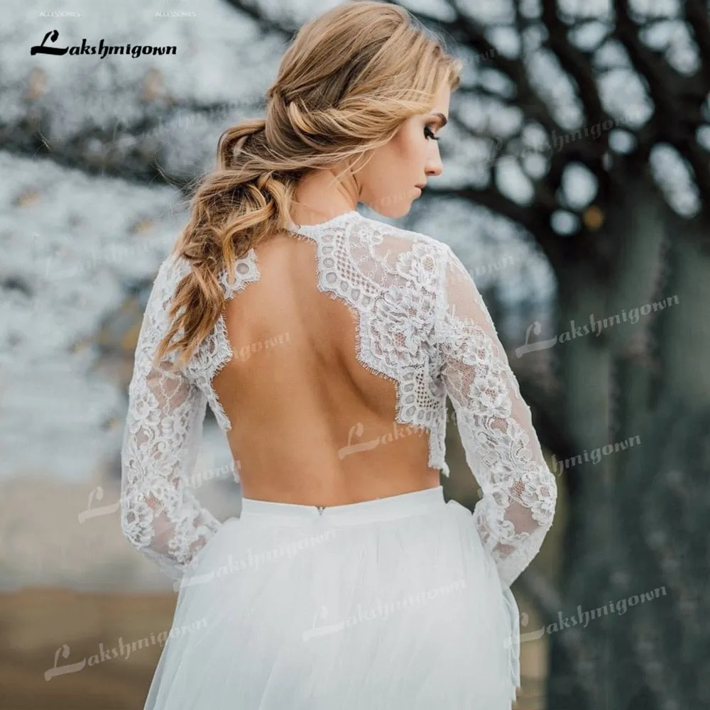 Roycebridal Two Piece Tulle A-Line Boho Wedding Dresses O-Neck Long Sleeve Sexy Open Back Sweep/Brush Train Bride Gowns Appliques Pleat Lace