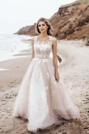 Roycebridal Vintage A Line Tulle Lace Illustion Neckline Corset Back Wedding Dresses, MW508
