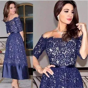Roycebridal Vintage Mother of the Bride Dresses Navy Blue Lace and Satin Ankle Off the Shoulder 1/2 Sleeves Women Evening Party Gown