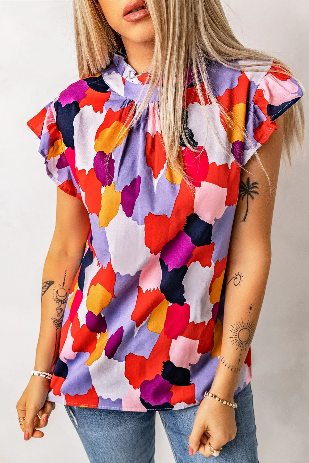 Ruffle Cap Frill Mock Neck Top