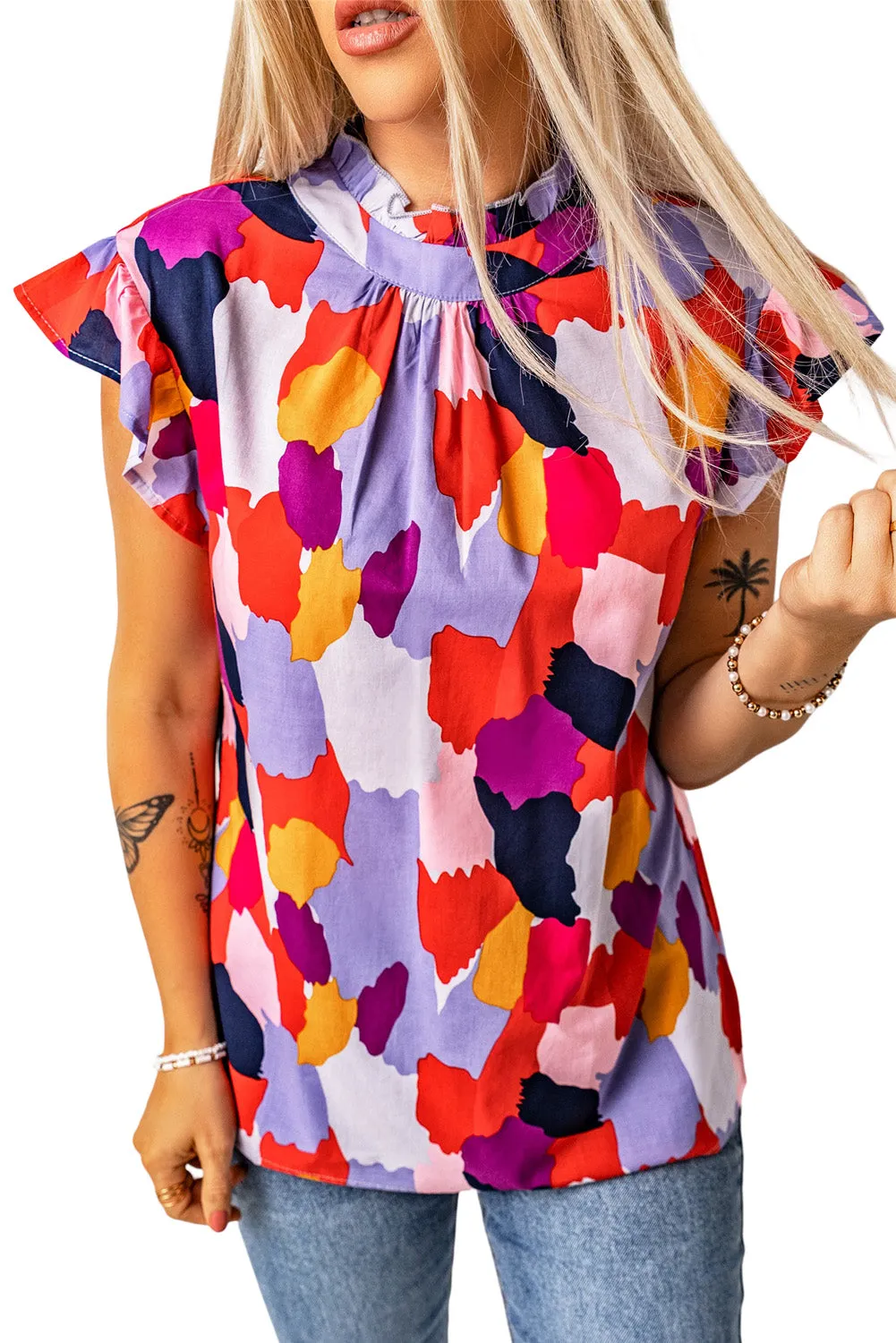 Ruffle Cap Frill Mock Neck Top