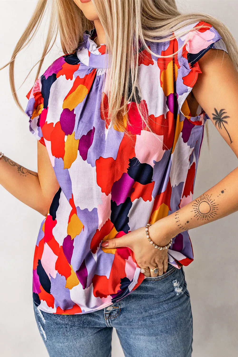 Ruffle Cap Frill Mock Neck Top