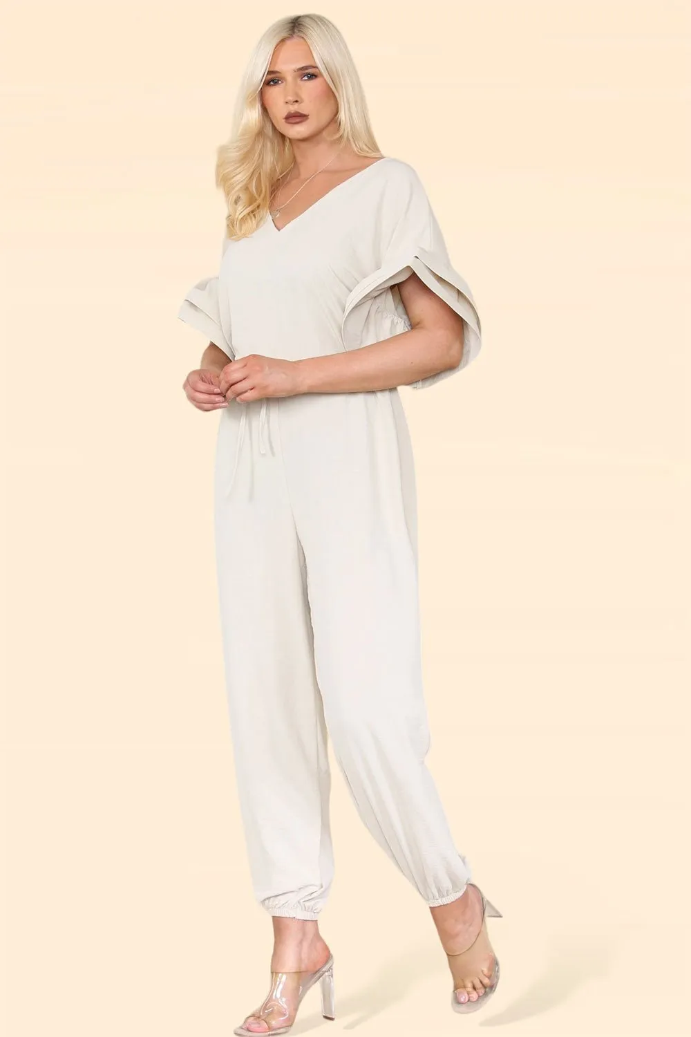 Ruffle Sleeves Frill Tie Jumpsuit