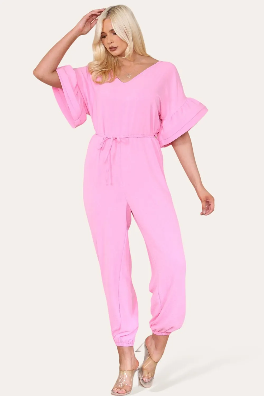 Ruffle Sleeves Frill Tie Jumpsuit