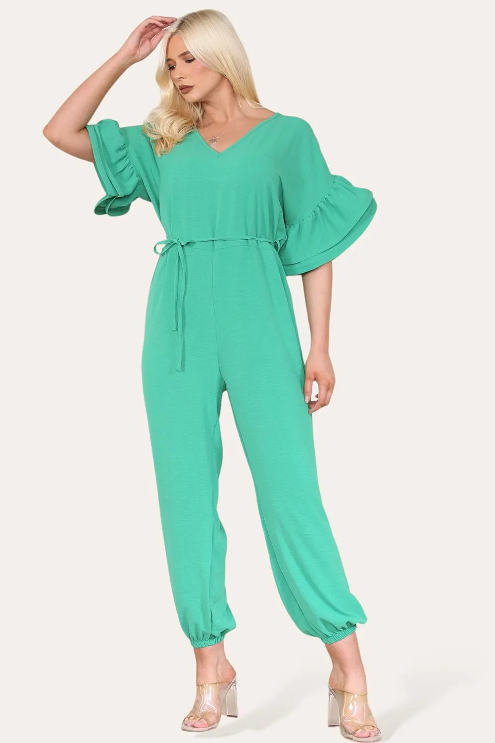 Ruffle Sleeves Frill Tie Jumpsuit
