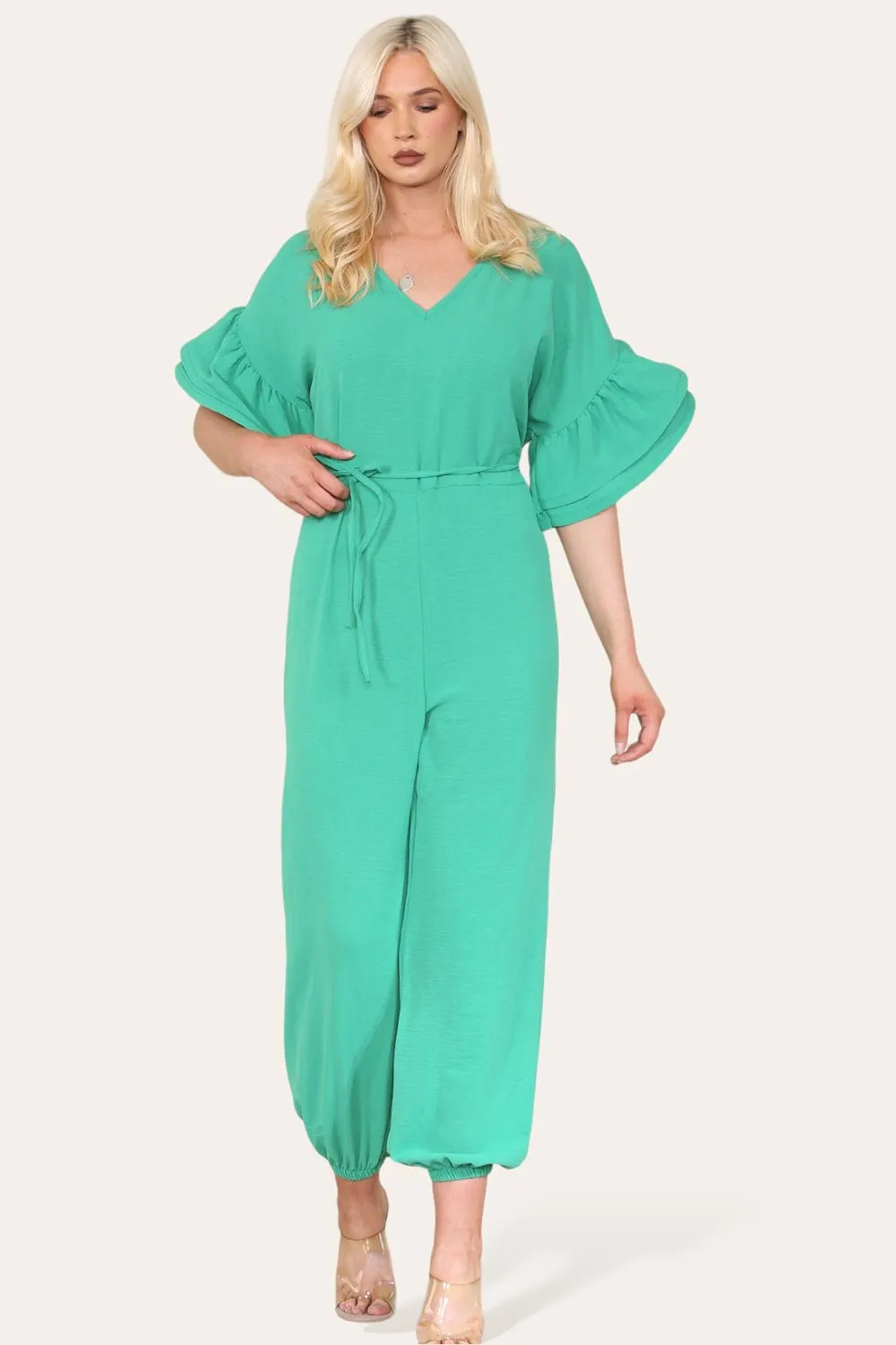 Ruffle Sleeves Frill Tie Jumpsuit