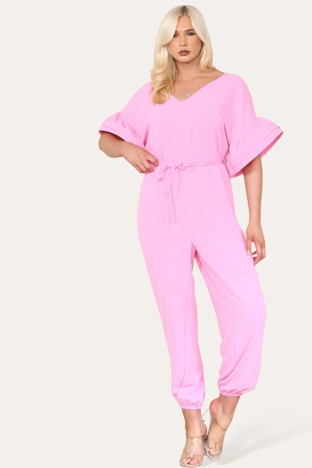 Ruffle Sleeves Frill Tie Jumpsuit